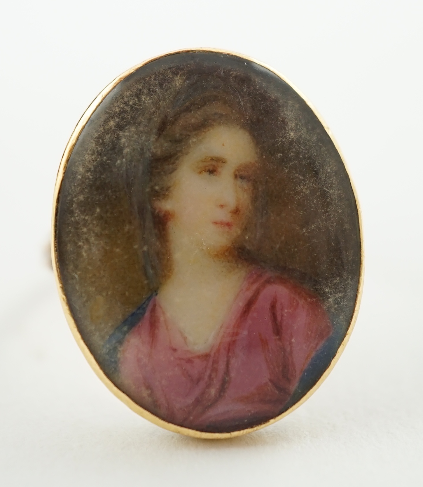 A George III gold memorial ring inset with an ivory miniature of a lady